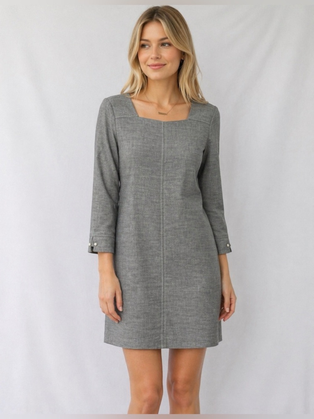 ZARA 3/4 Sleeve Linen Blend Shift Dress Casual Career Summer Gray Size Medium